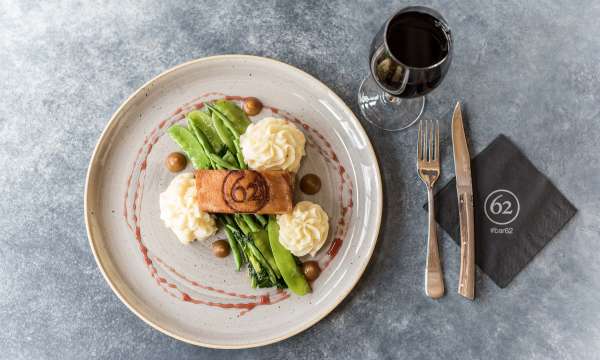 Royal and Fortescue Bar 62 Restaurant Dining Slow Roasted Pork Belly and a Glass of Red Wine