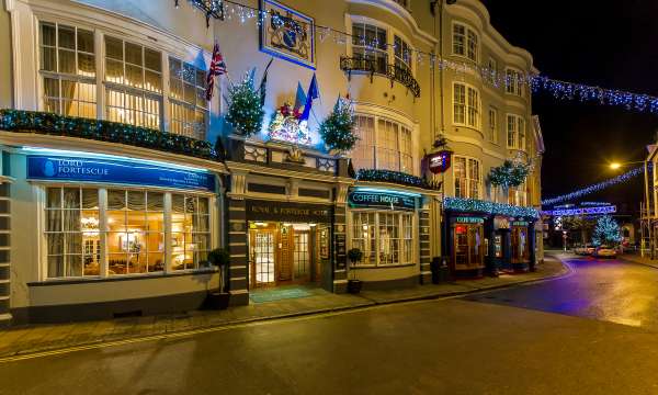 Exterior of Royal & Fortecue Hotel at Christmas time