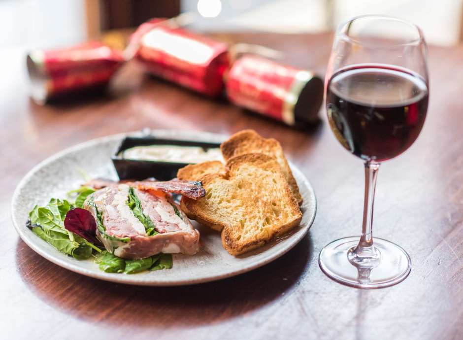 Royal and Fortescue Hotel 62 the Bank Restaurant Dining Festive Terrine with Red Wine and Christmas Cracker