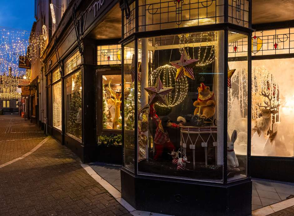 Barnstaple high street shop at Christmas time