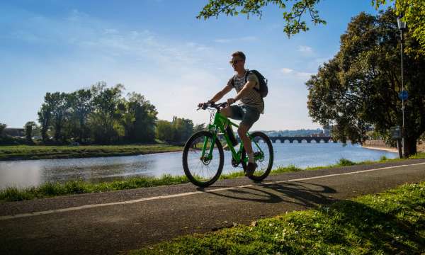 Cyclist on Tarka Trail in Rock Park Barnstaple North Devon